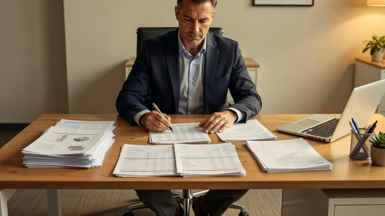 A focused professional in business casual attire reviews several financial documents and utility invoices at a clean, organized desk. Warm interior lighting illuminates the organized workspace and the person's attentive posture.