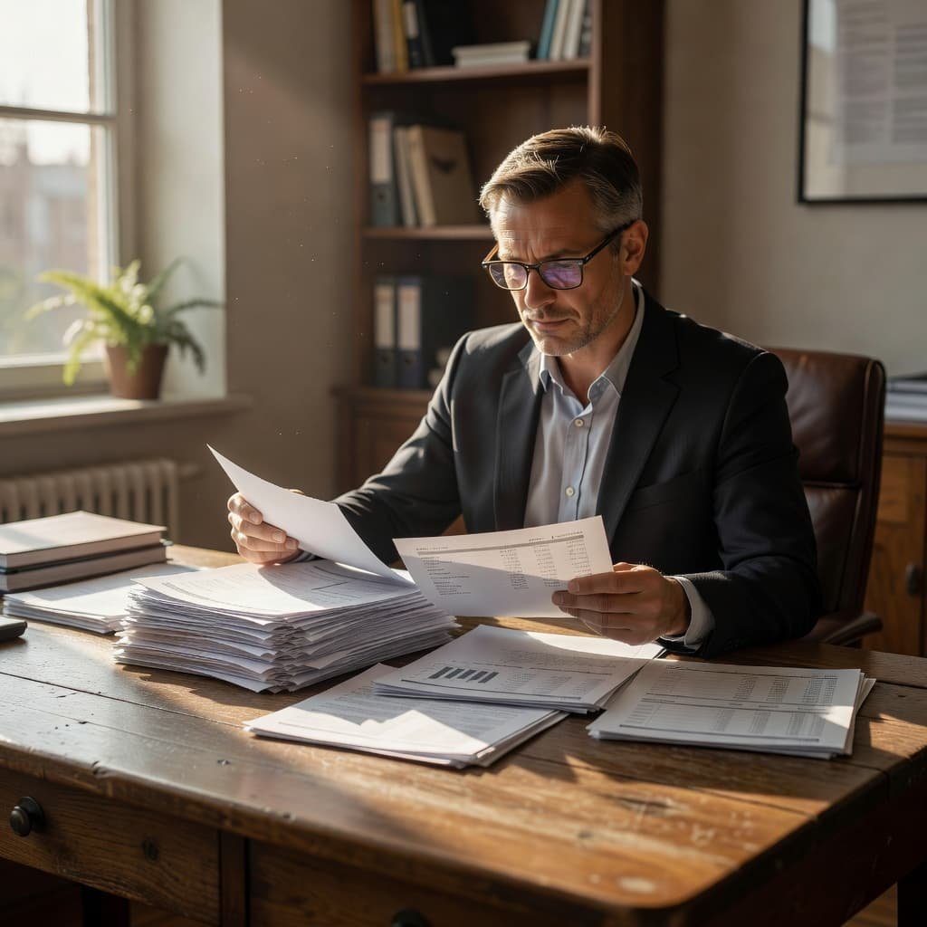 A focused individual in professional attire sits at a wooden desk examining a stack of financial papers. Warm sunlight illuminates the workspace, highlighting the organized layout and quiet office atmosphere.