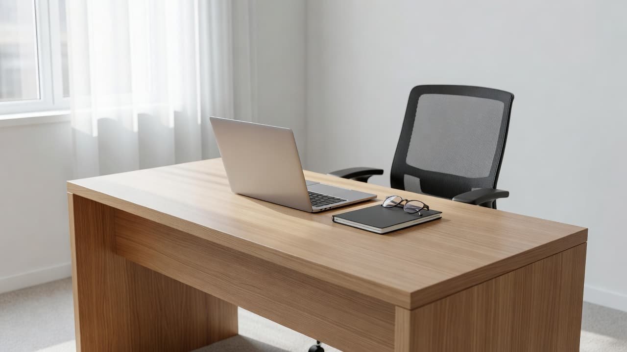A wooden desk sits in a quiet room, featuring an open laptop, a leather-bound notebook, and reading glasses. Soft morning light streams through the window, illuminating the tidy, organized workspace surfaces.