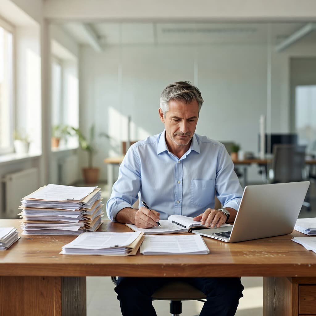 A focused individual sits at a minimalist wooden desk, carefully examining a thick stack of legal paperwork next to an open laptop. Soft natural light illuminates the clean, modern office workspace.