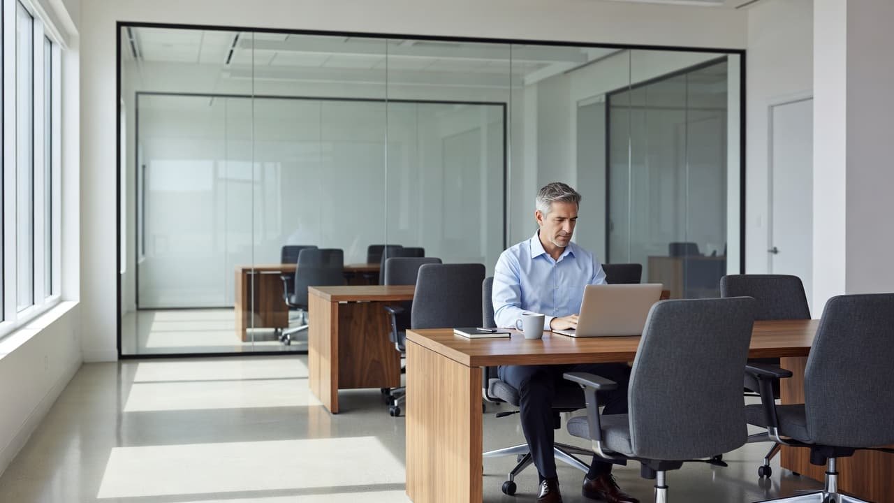 A professional working at a wooden desk with a laptop and coffee mug inside a sunlit glass-walled office. The space features modern furniture and creates a calm, clean business atmosphere.