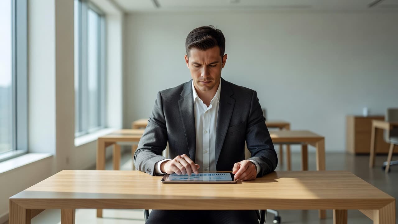 A focused professional sits at a minimalist white desk while analyzing digital business analytics on a sleek tablet screen. Bright natural light illuminates the clean, modern office interior workspace background.