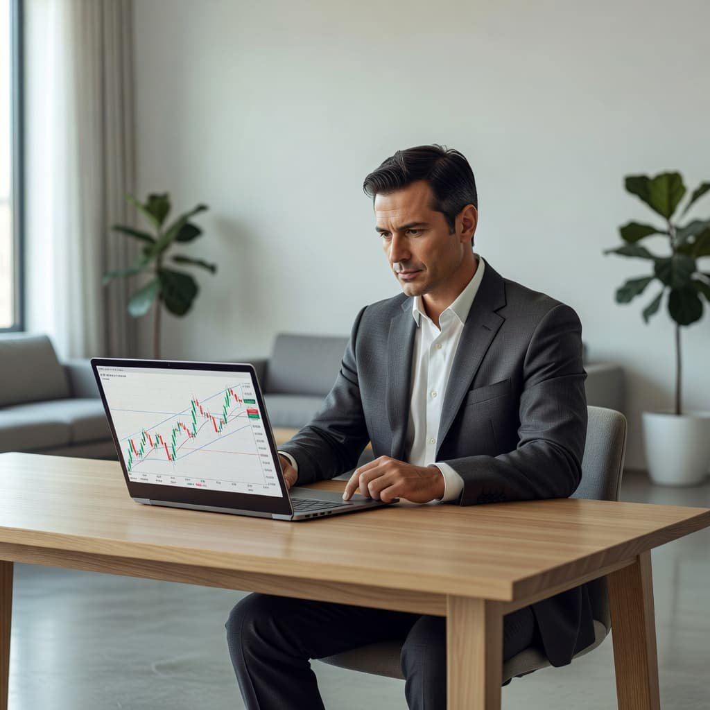 A businessman sits at a sleek desk bathed in soft natural light, intently studying complex financial graphs displayed on his laptop screen while working in a quiet, modern corporate office space.