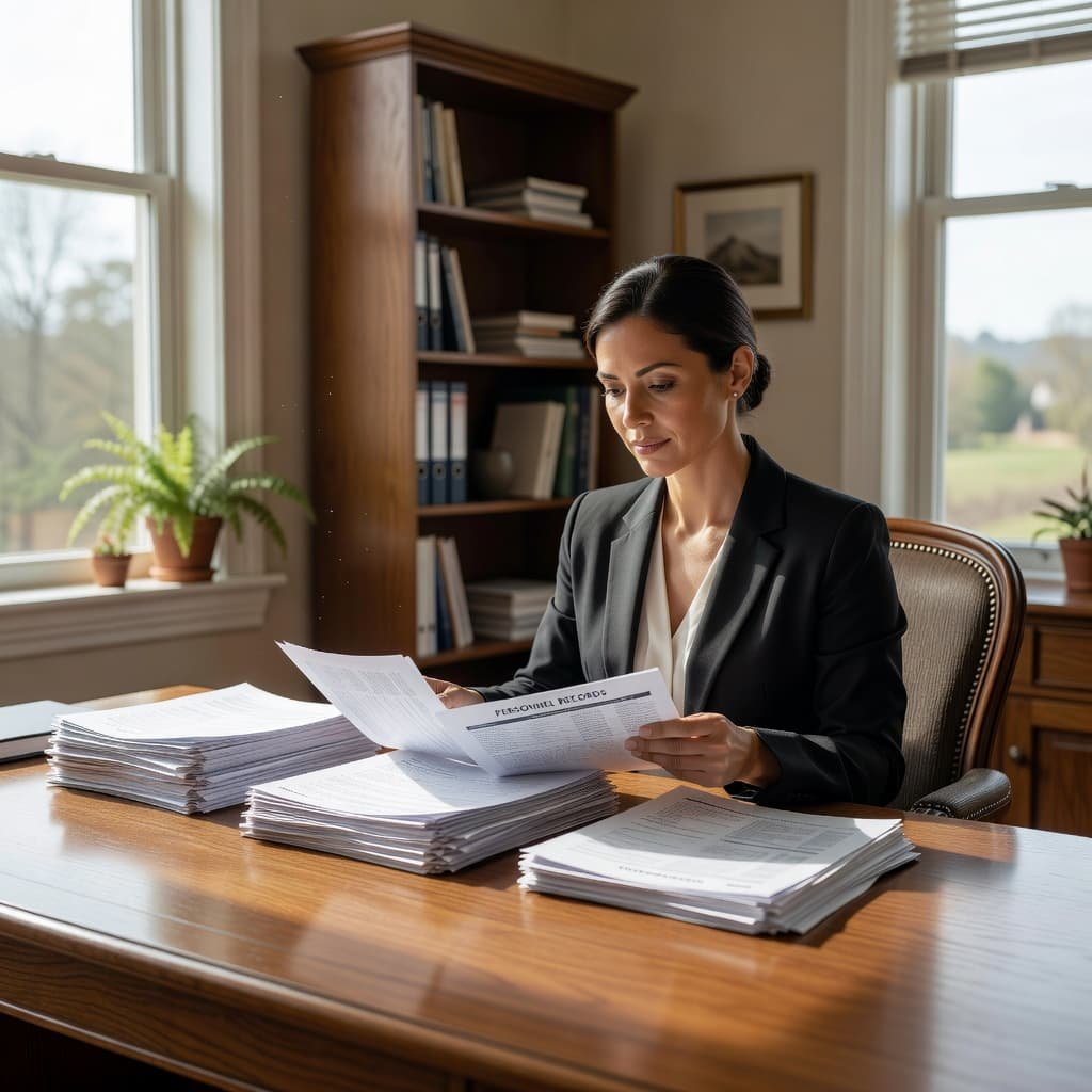 A focused professional sits at a clean wooden desk in a bright office, carefully examining a thick stack of organized personnel records with a composed and studious expression during the day.