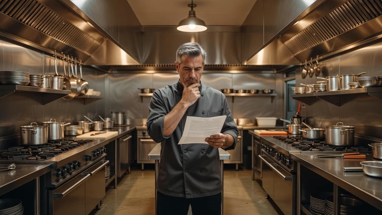 A focused restaurant owner in a chef uniform holds a stack of paperwork within a stainless steel kitchen. Golden overhead lights illuminate the polished surfaces and modern industrial appliances nearby.