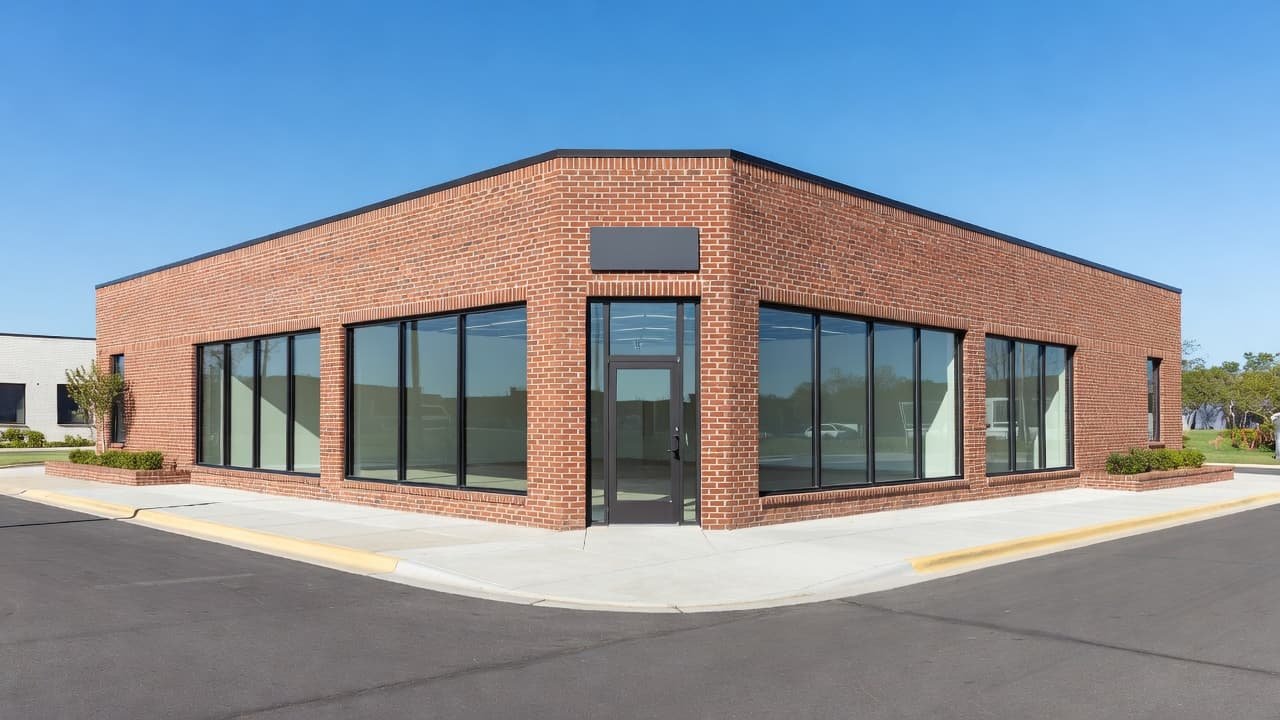 A single-story brick commercial building features expansive glass display windows and a designated signage area above the entryway. This corner property sits under a clear blue sky in a quiet neighborhood.