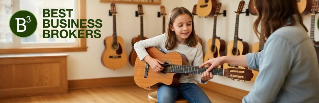Young girl learning to play a guitar with an instructor in a guitar shop; wall of guitars behind them and a Best Business Brokers logo on the left.