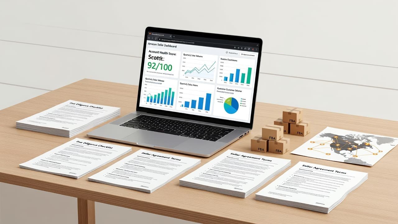 A laptop showing business analytics next to financial paperwork on a wooden table.