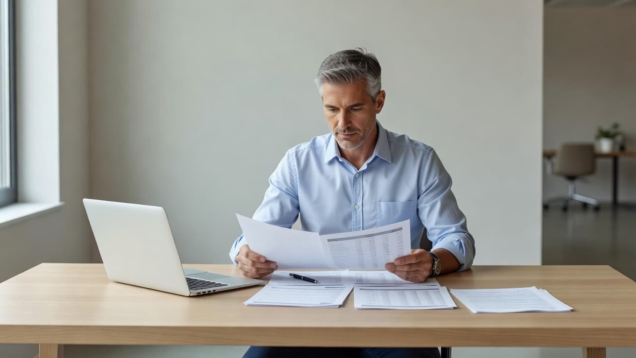 A focused individual in a sleek, modern office carefully examines dense paperwork at a clean desk. Soft ambient lighting highlights the professional atmosphere and the concentration required for a business evaluation.