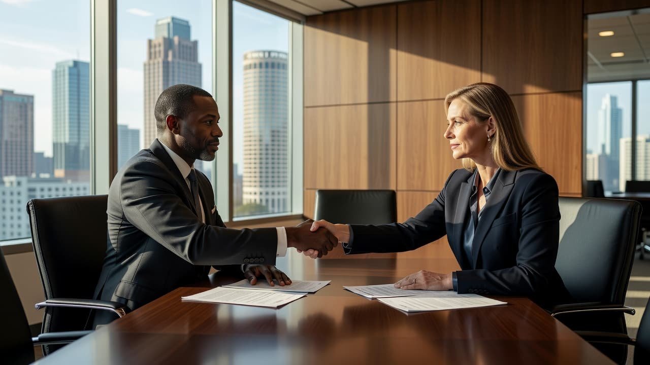 Two professionals sit across a mahogany conference table reviewing legal documents in a glass-walled office. Soft afternoon sunlight illuminates the space, highlighting their professional attire and focused expressions during the meeting.