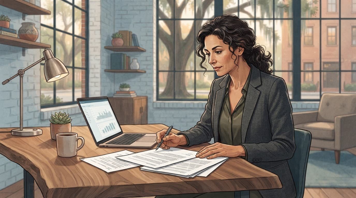 An entrepreneur reviewing contract papers at a modern desk in an office.