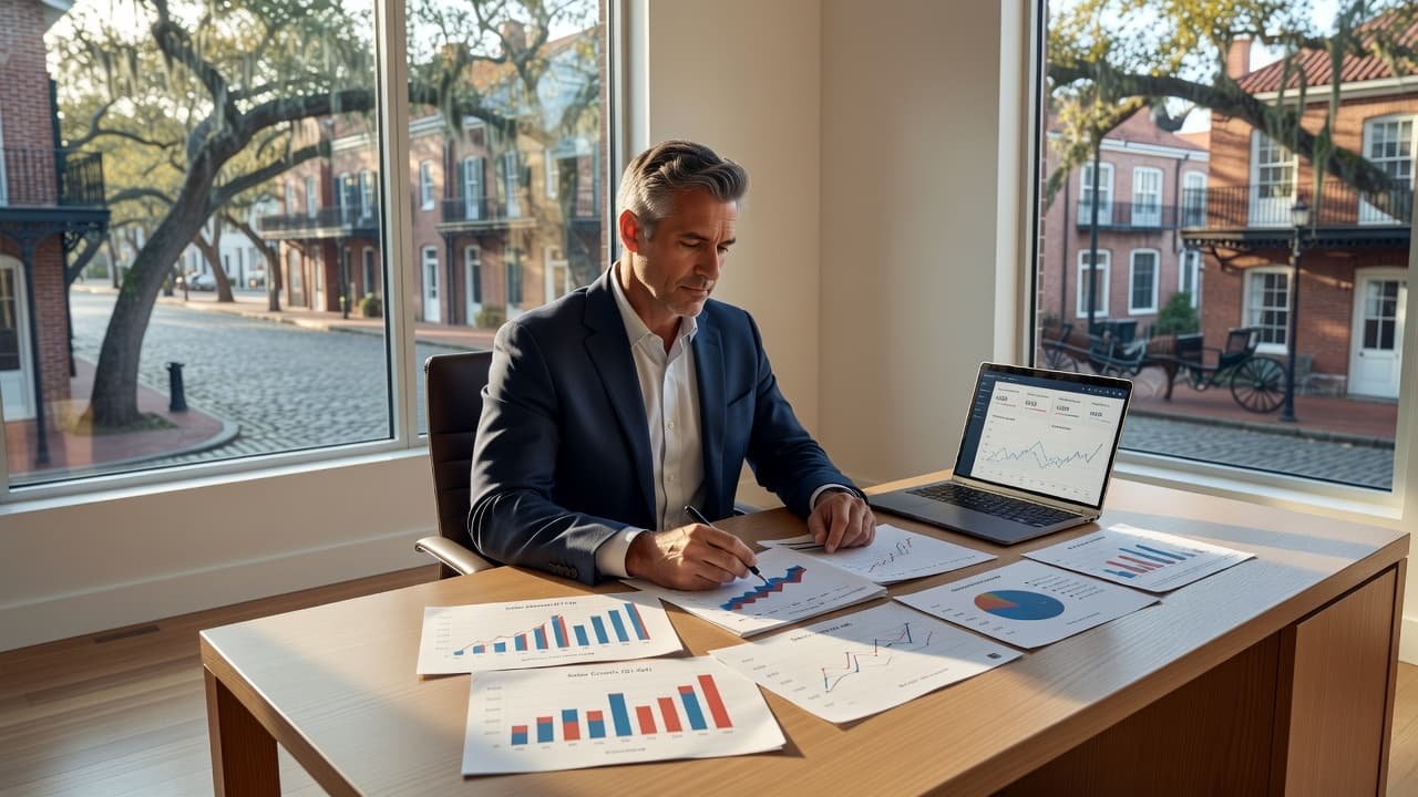 A business owner sits at a sleek wooden desk examining paper charts and laptop spreadsheets within a sunlit office. Warm light highlights the professional documents and financial graphs spread across surfaces.