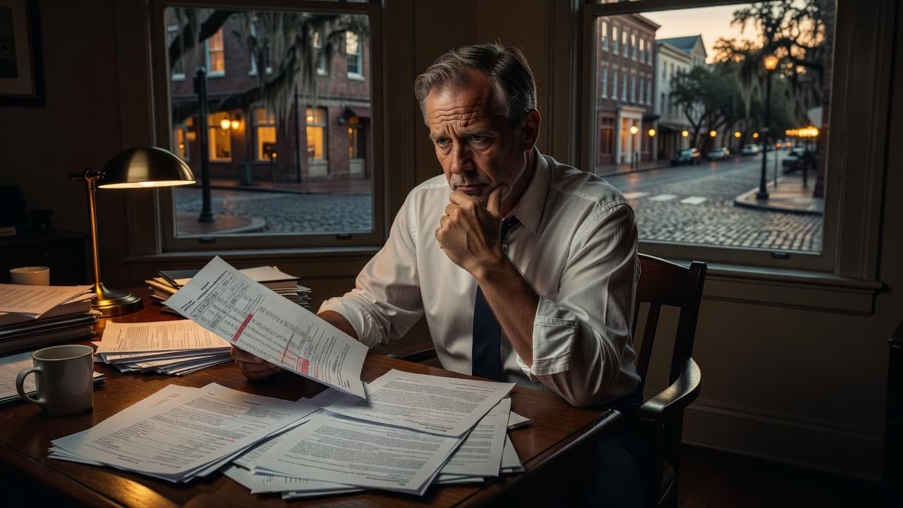 A business owner sits at an office desk in downtown Savannah, analyzing dense financial papers under dim, warm lamplight. A stack of legal documents sits before him, conveying intense professional concern.