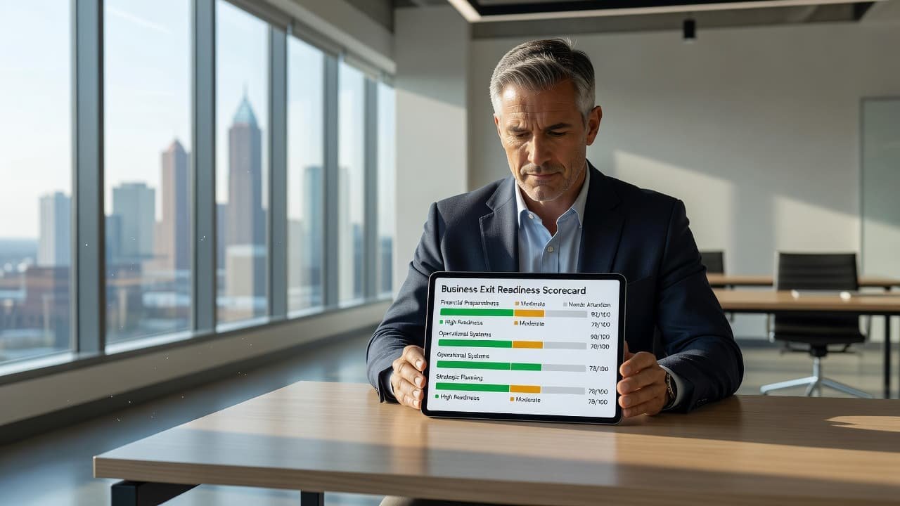 An entrepreneur reviewing a digital scorecard on a tablet within a bright modern office setting.
