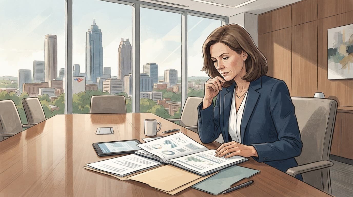 A business professional reviewing financial paperwork at a conference table.