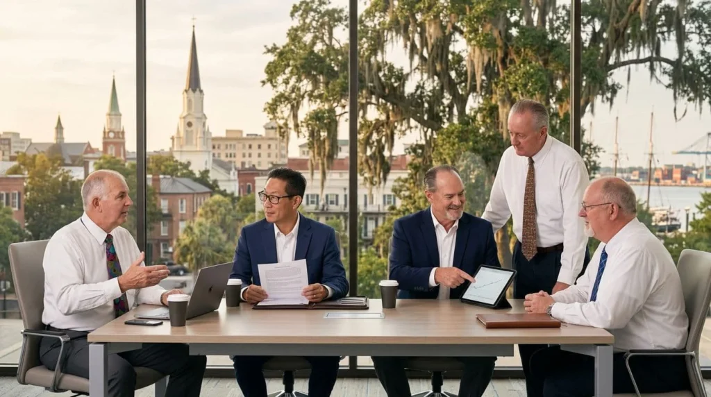 Five business professionals seated around a conference table in a bright room, reviewing documents and a tablet, with a city and harbor visible through large windows behind them to set the scene of a meeting.