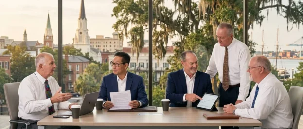 Five business professionals seated around a conference table in a bright room, reviewing documents and a tablet, with a city and harbor visible through large windows behind them to set the scene of a meeting.