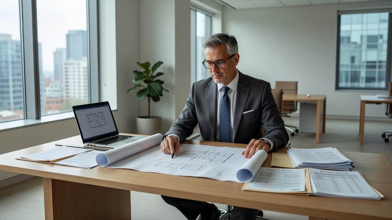 An appraiser in business attire reviews documents at a desk in a bright, modern office.