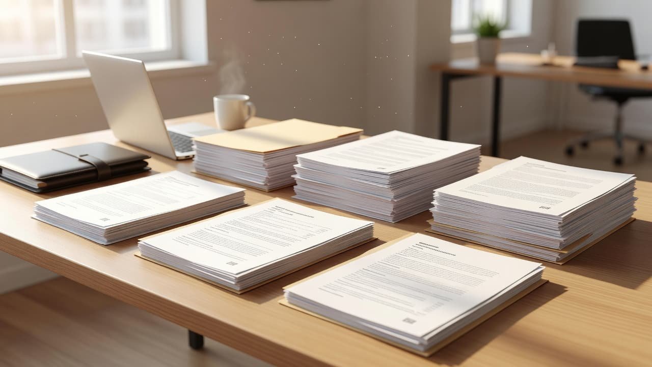 Stacks of folders and documents sit on a light wooden desk in a bright office.