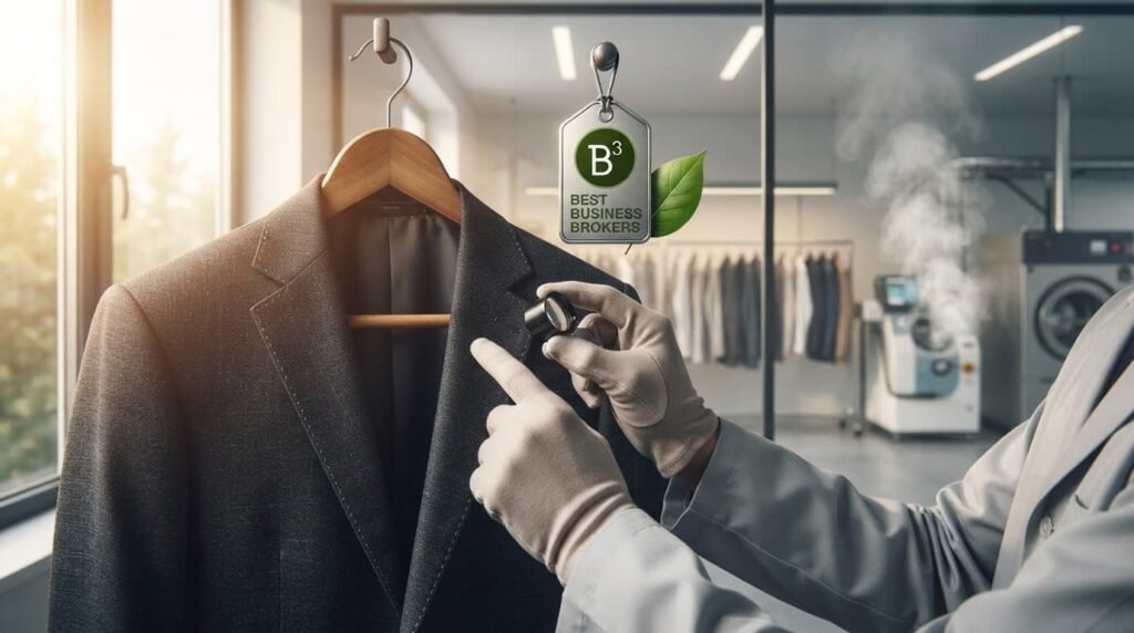 eco-friendly-suit-inspection-73e4cadd Person in white gloves inspecting a dark suit jacket on a hanger in a bright showroom, with a B3 Best Business Brokers tag hanging nearby