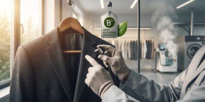 Person in white gloves inspecting a dark suit jacket on a hanger in a bright showroom, with a B3 Best Business Brokers tag hanging nearby