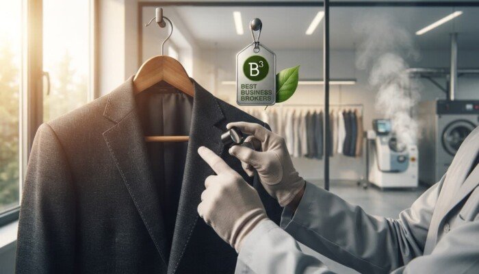 Person in white gloves inspecting a dark suit jacket on a hanger in a bright showroom, with a B3 Best Business Brokers tag hanging nearby
