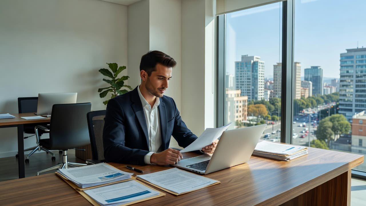 An entrepreneur sits at a clean wooden desk in a sunlit office, carefully scanning physical documents and a laptop screen. Soft natural light highlights the focused work environment and professional atmosphere.