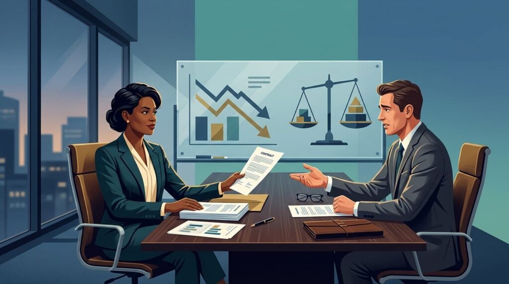 A calm business owner reviews a revised contract across a conference table during acquisition talks.