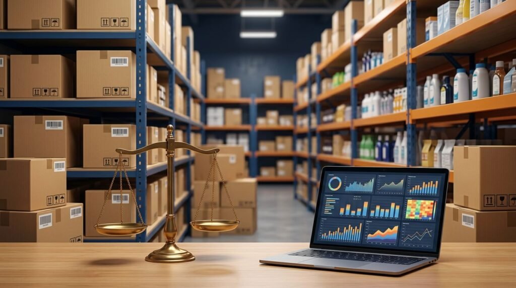 Shipping boxes and a laptop with analytics charts sit in a warehouse next to a brass scale.