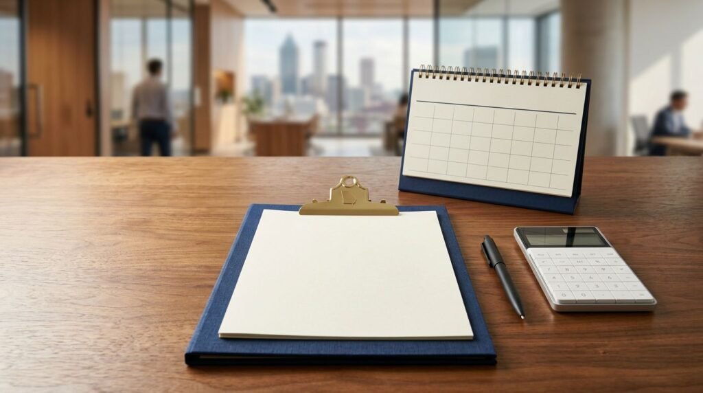 A neat office desk with official renewal forms, a pen, and a calculator in warm natural light.