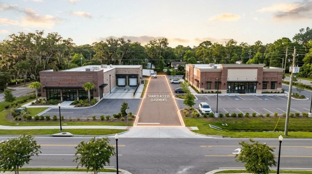 Two adjacent brick commercial buildings in Savannah with a shared driveway beneath oak trees.