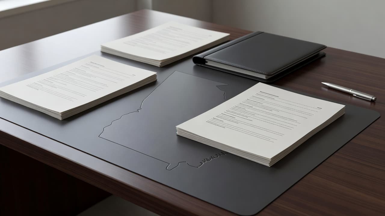 An organized office desk featuring business renewal papers and a subtle Georgia map motif.