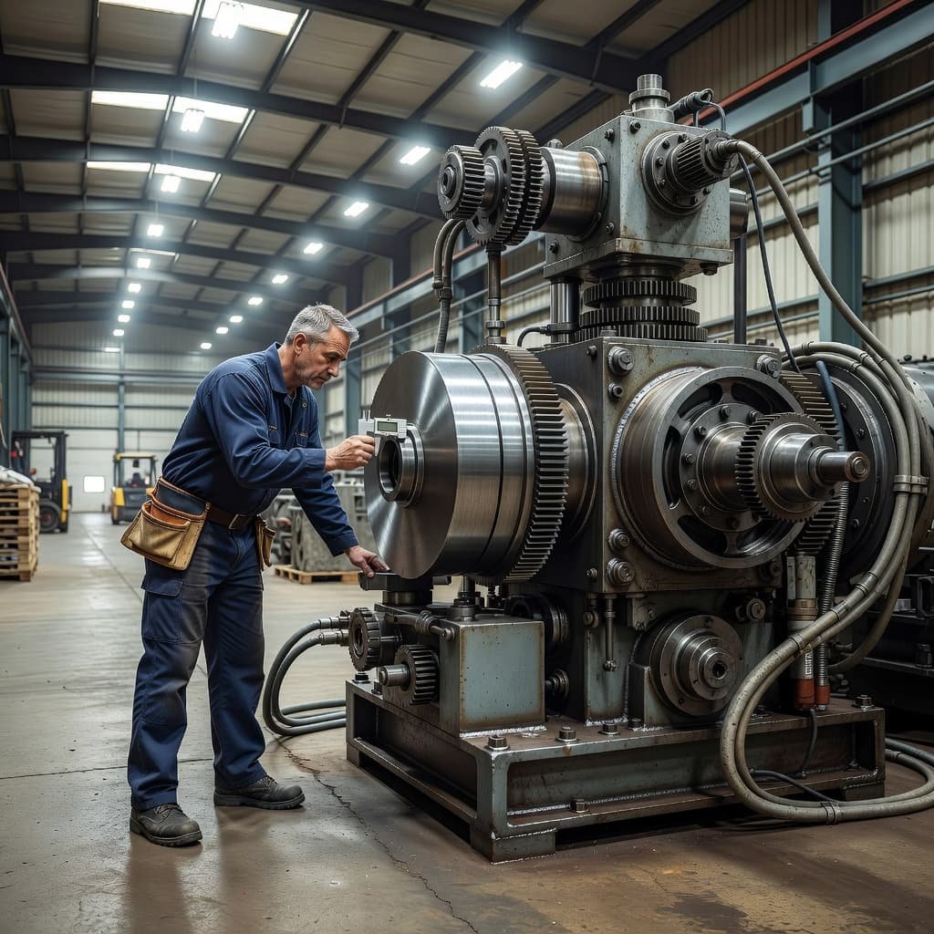 A technician wearing safety gear closely examines the metal components of a large industrial machine within a spacious warehouse. Bright overhead lights illuminate the polished steel surfaces and complex mechanical parts.