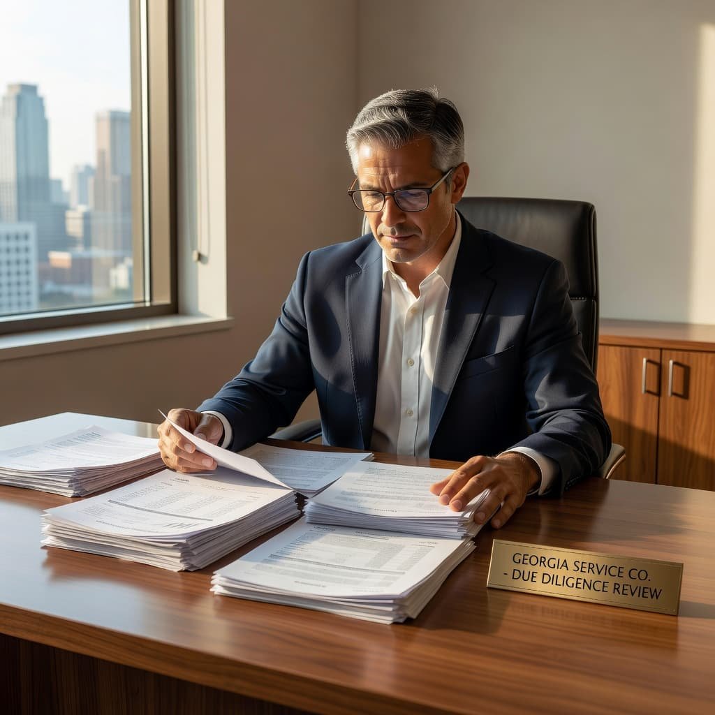 A focused investor examines a dense stack of corporate paperwork at a clean wooden desk. Soft golden sunlight streams through a nearby window, illuminating the organized workspace and professional environment.