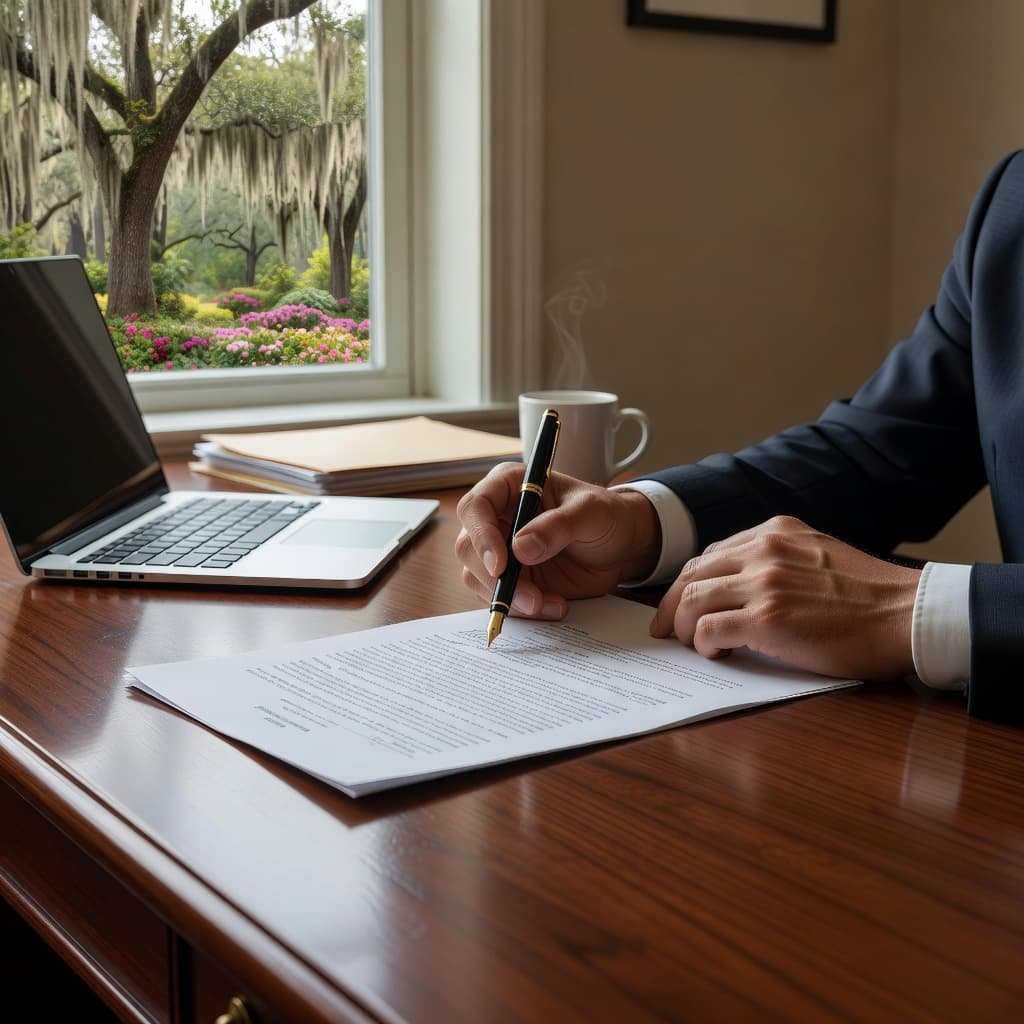 A pair of hands holds a classic fountain pen over a crisp white legal document. The setting features a sunlit wooden desk inside a quiet office during a productive afternoon session.