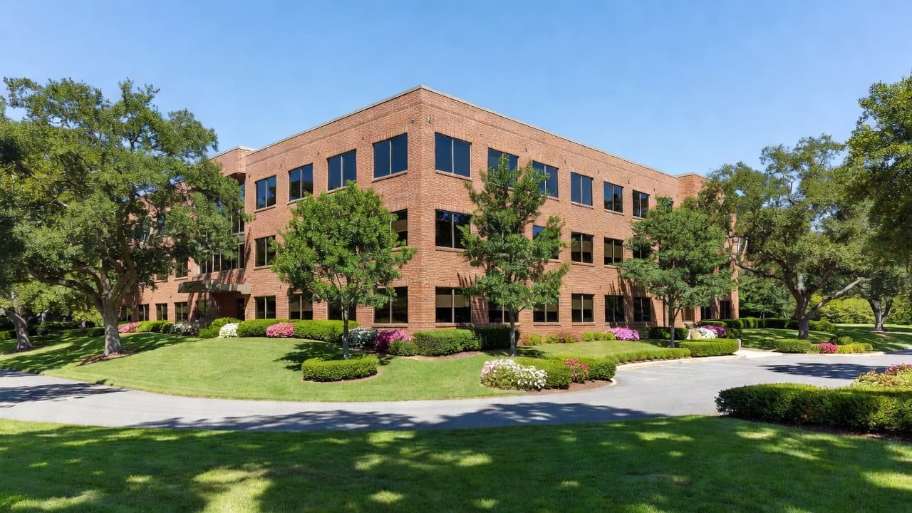 A brick office building surrounded by green landscaping on a sunny day.