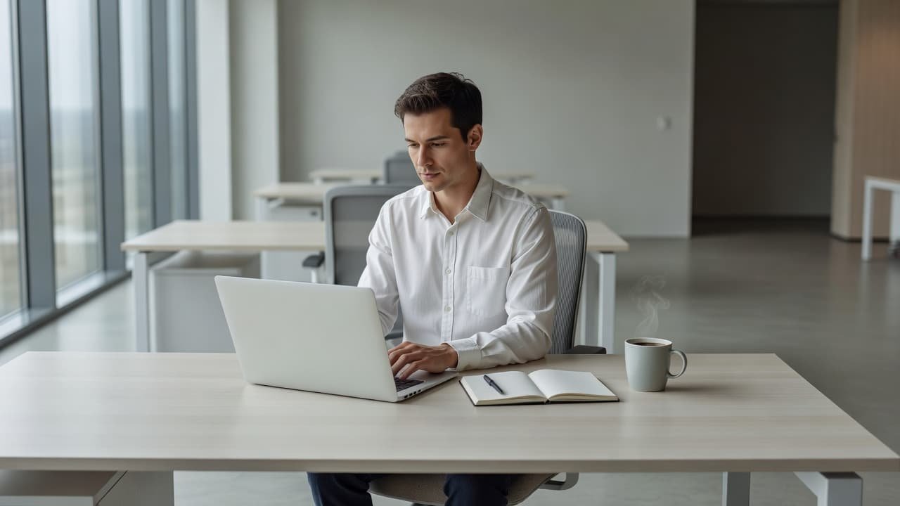 A person sits at a clean wooden desk using a silver laptop with a leather notebook and white coffee mug nearby. Bright sunlight illuminates the organized home office workspace beautifully.