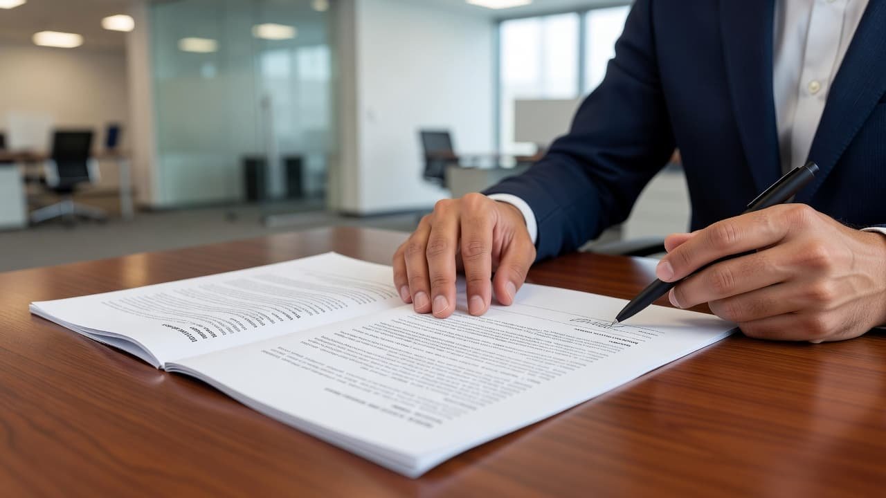 A person carefully examines a legal lease document while resting their hand on a polished mahogany desk. Soft bokeh lights define the background of a professional modern office space.