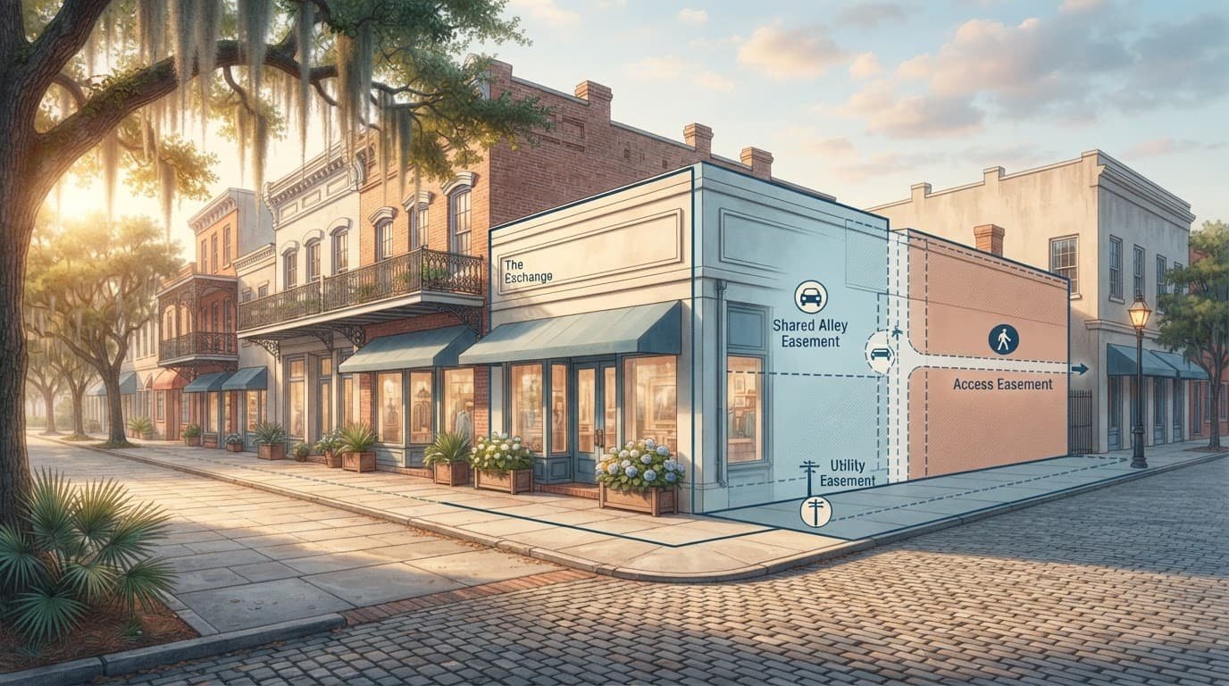 An architectural property diagram overlaid on a historic Savannah commercial street scene.