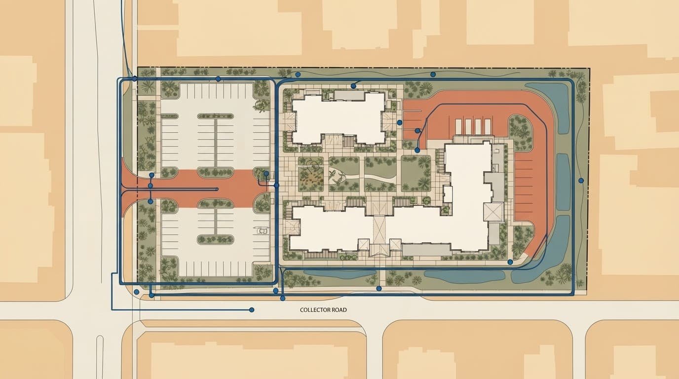 A commercial property site plan showing highlighted utility corridors and access driveways.