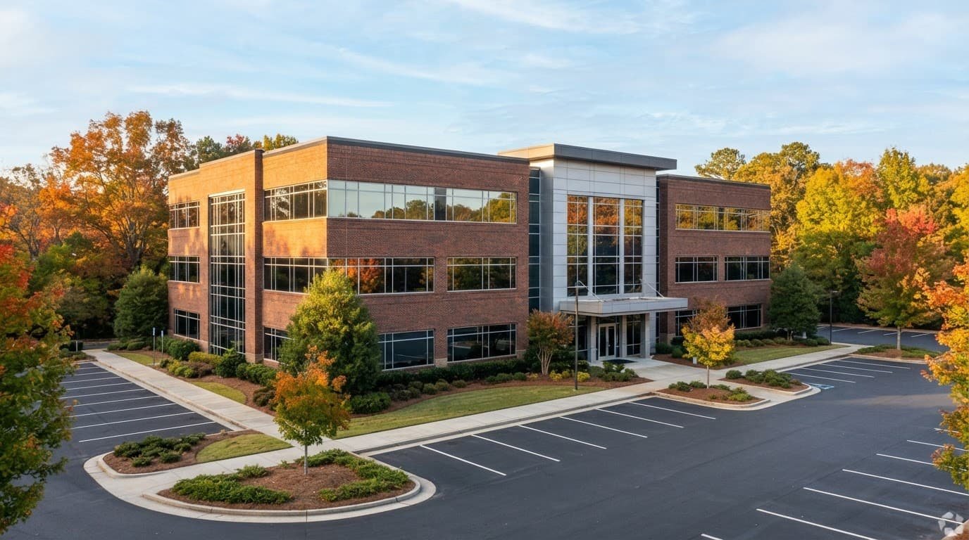Modern brick office building with green landscaping and a clean parking lot in autumn sunlight.
