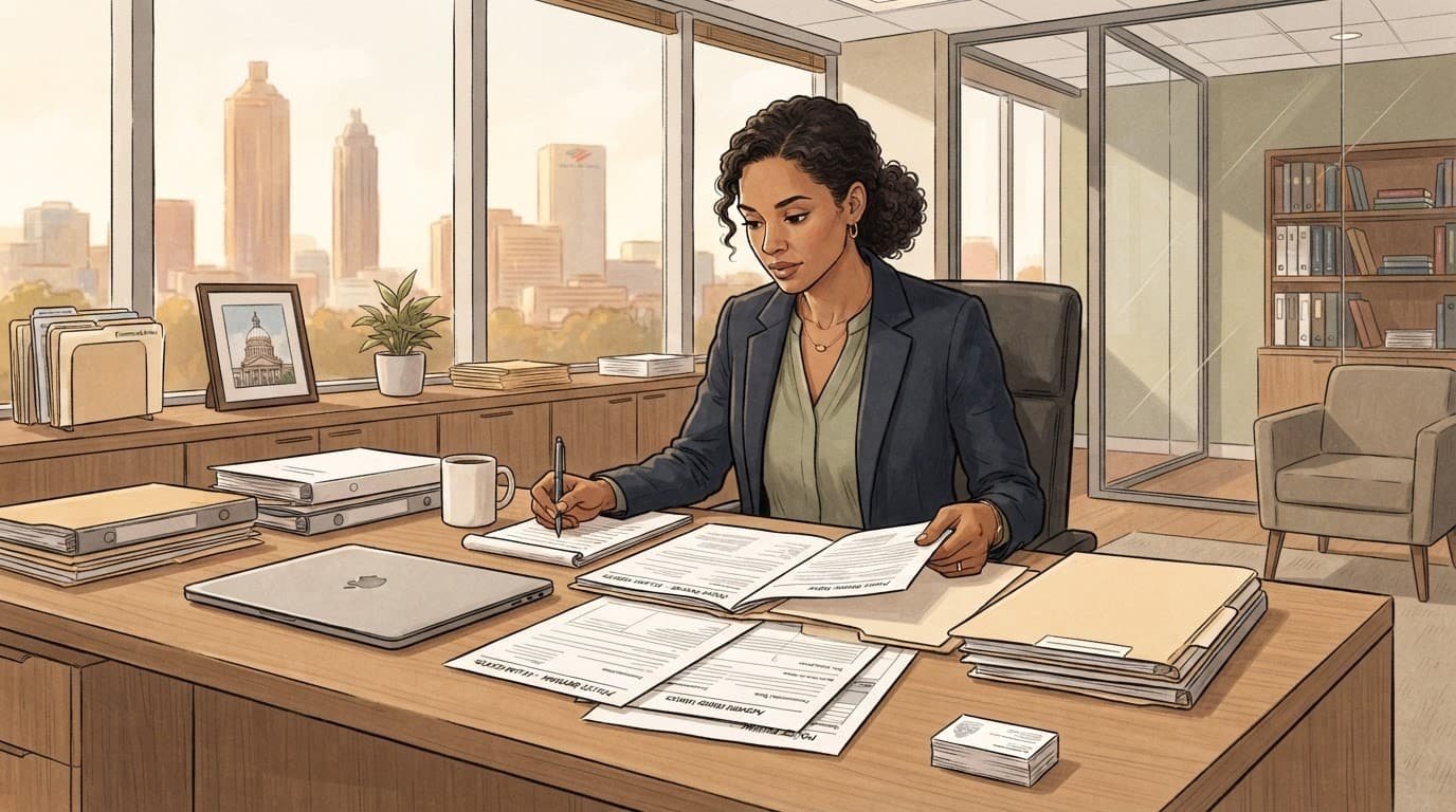 A professional reviews insurance records at a clean office desk in Atlanta.
