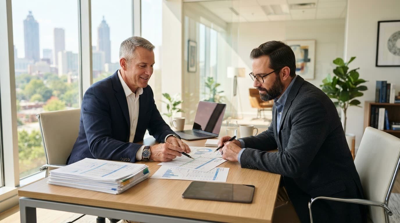 Two professionals review financial papers at a sunny office table.