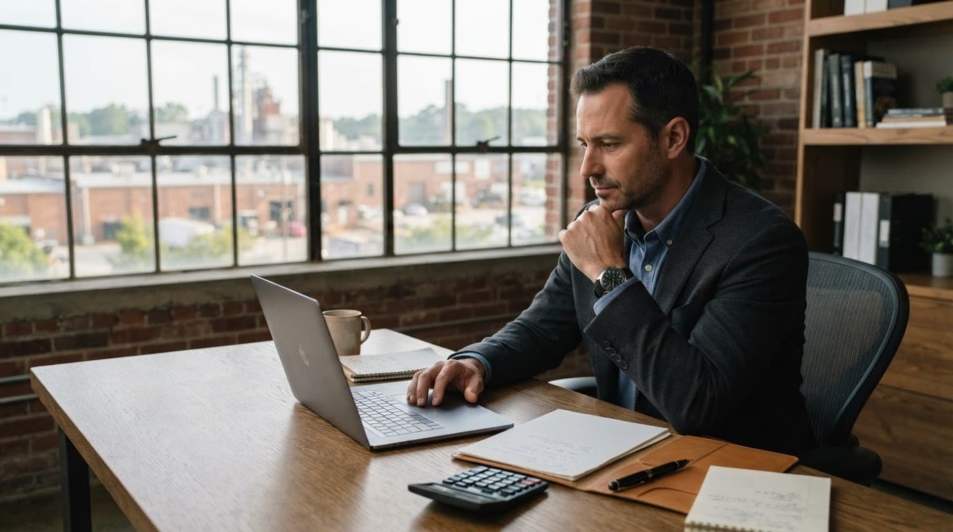 An advisor reviews a laptop beside a calculator and folders in a warehouse-style office.