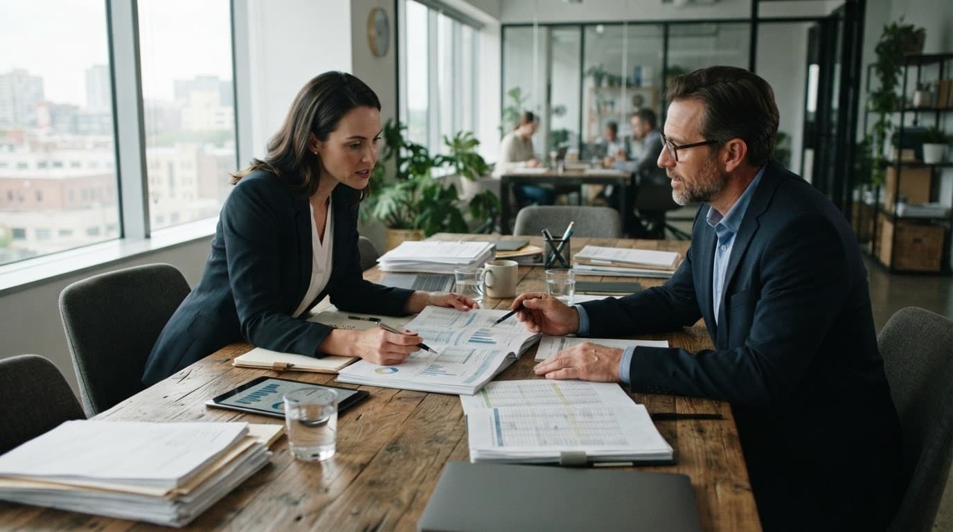 Two professionals review papers at a wooden office desk.