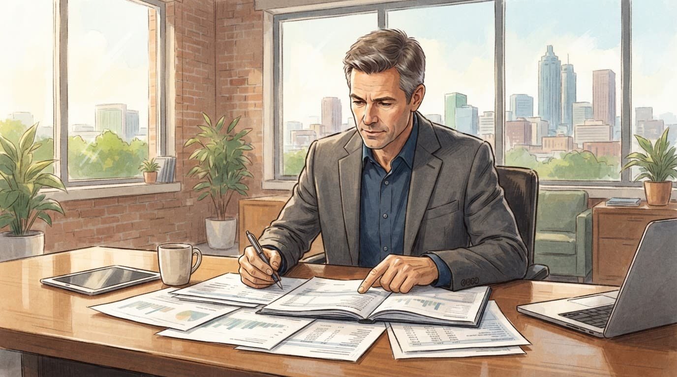 Business owner reviewing financial papers at a bright office desk.
