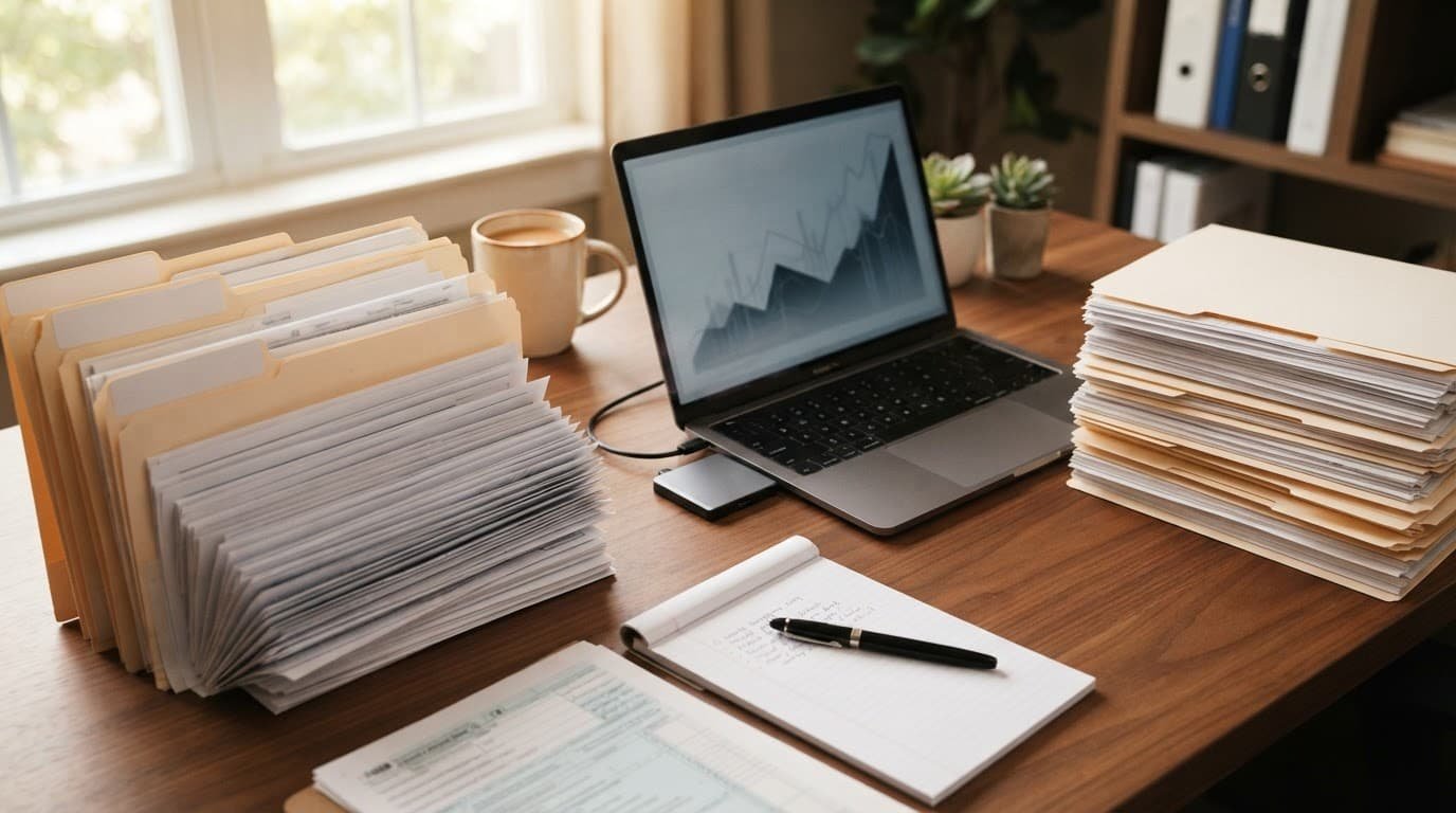 Organized business records, tax files, folders, and one laptop arranged on an office desk.