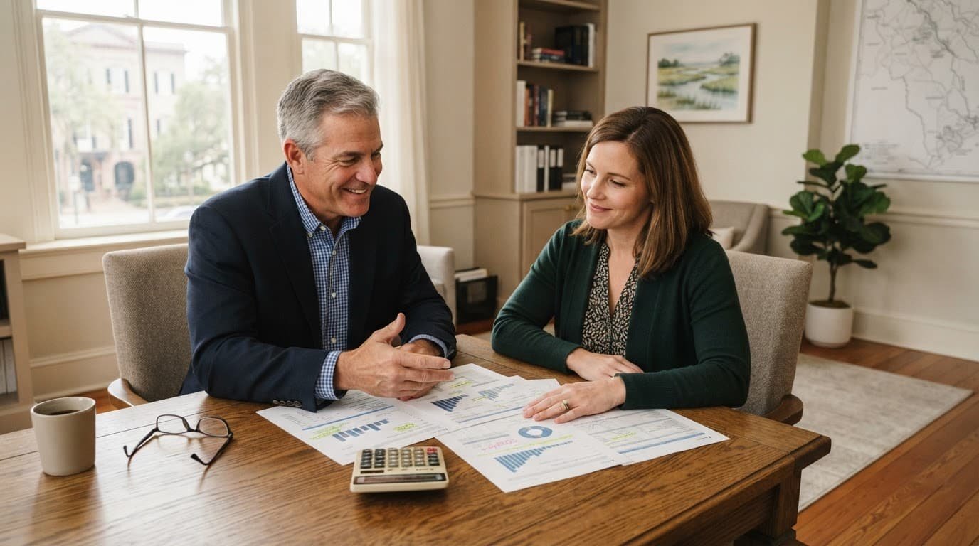 Two professionals review financial papers and a calculator across an office conference table.