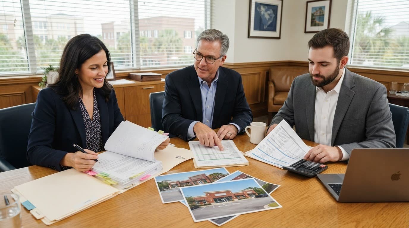 Three professionals review lease papers, financial documents, and property photos around a conference table.