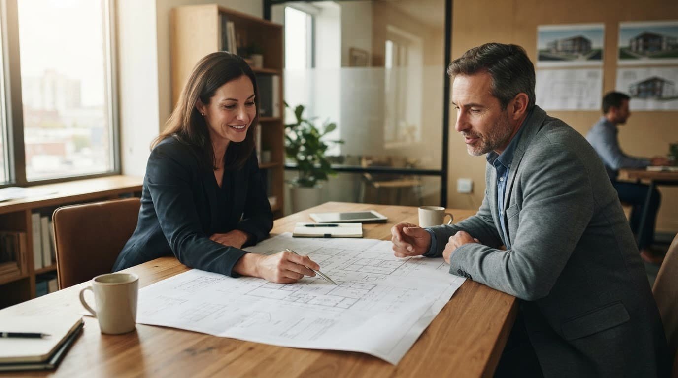 Two professionals review warehouse blueprints on a wooden table in a warmly lit office.